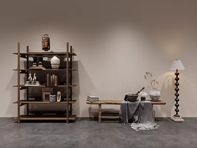 Natural Wooden Decorative Display Shelf With Buddha Statue Vases Books Bench And Floor Lamp 3d model