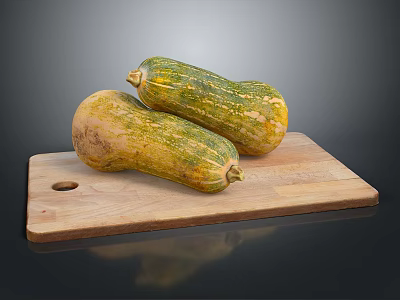 Two Ripe Squash Placed on Wooden Cutting Board Ready for Meal Preparation 3d model