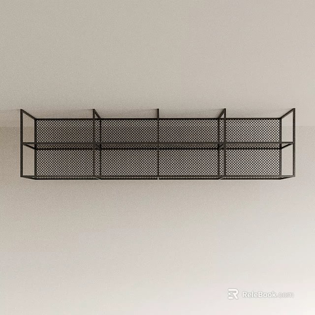 Black Metal Mesh Wall Hanging Decorative Shelf With Multiple Compartments On Light Colored Wall 3d model 