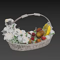 Stylish Wicker Basket With Fresh Bananas Apples Pears And Orange Roses