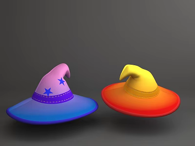 Witch Hats With Pink Blue Gradient And Yellow Orange Gradient Blue Stars Decorations 3d model