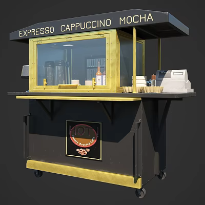 Black Gold Mall Coffee Kiosk With Expresso Cappuccino Machine Hot Sign And Cups 3d model