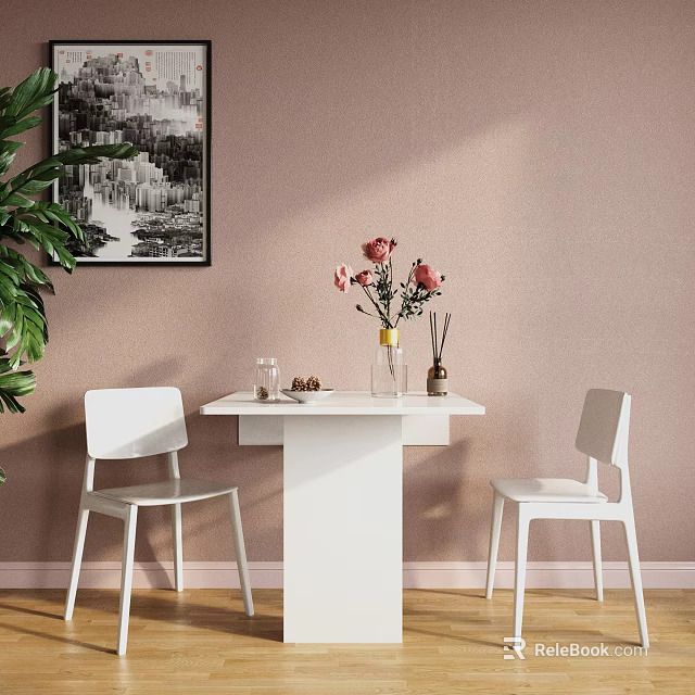 White Dining Table Set With Two Chairs Pink Flowers Vase Green Plant And Wall Art 3d model 