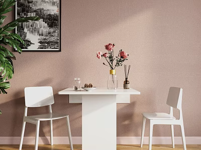 White Dining Table Set With Two Chairs Pink Flowers Vase Green Plant And Wall Art 3d model