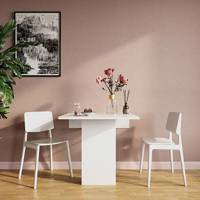 White Dining Table Set With Two Chairs Pink Flowers Vase Green Plant And Wall Art 3d model