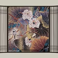 Elegant Decorative Screen With Golden Frame Lotus Flowers And Bird Design