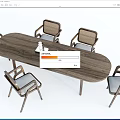 Modern Wooden Oval Dining Table With Six Woven Back Chairs And Gray Cushions