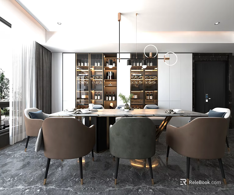 Modern Restaurant Interior With Round Dining Table Stylish Chairs And Pendant Lights 3d model