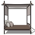 Four Poster Double Bed With Black Frame Sheer Canopy Pillows And Woven Mattress