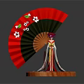 Red Fan With White Flowers Green Leaves Featuring Figurine In Traditional Attire On Wooden Base