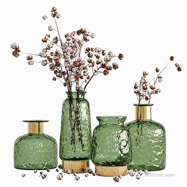 Green Textured Glass Vases with Golden Tops Holding Dried Cotton Flowers 3d model 