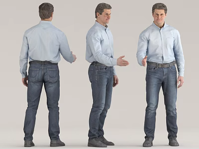 Man Wearing Light Blue Shirt And Jeans Three Angles Full Body View 3d model