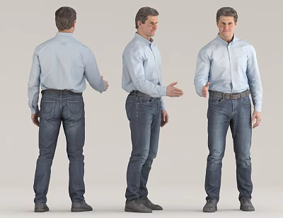 Man Wearing Light Blue Shirt And Jeans Three Angles Full Body View 3d model