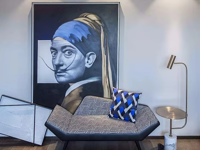 Modern Single Sofa With Patterned Upholstery Blue And White Checkered Pillow And Floor Lamp 3d model