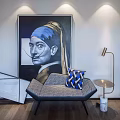 Modern Single Sofa With Patterned Upholstery Blue And White Checkered Pillow And Floor Lamp