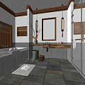 Hotel Guest Room Bathroom With Bathtub Stone Countertop Pendant Lights And Wooden Decor