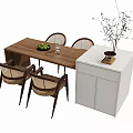 Dining Table Set With Four Wooden Chairs Side Cabinet Fruit Bowl And Decorative Plant