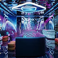Modern KTV Interior Design With Neon Lights Mirrored Walls Bar Counter And Comfortable Sofas