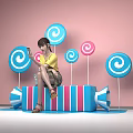 Girl In Yellow Top Sitting On Blue Red Striped Block With Colorful Lollipops And Megaphone