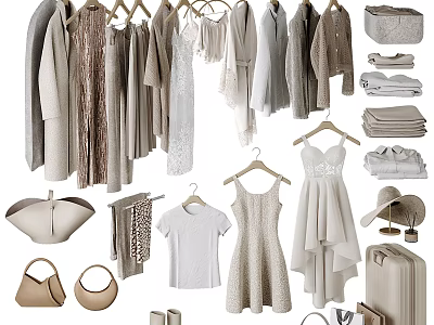 Stylish Clothes With Dresses Tops Coats Bags Hats And Suitcases In Neutral Tones On Hangers 3d model