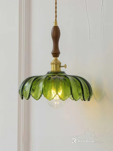 Green Glass Leaf Shaped Pendant Light with Wooden Stem and Gold Metal Accent 3d model 