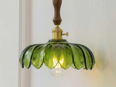 Green Glass Leaf Shaped Pendant Light with Wooden Stem and Gold Metal Accent 3d model