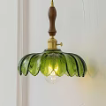 Green Glass Leaf Shaped Pendant Light with Wooden Stem and Gold Metal Accent