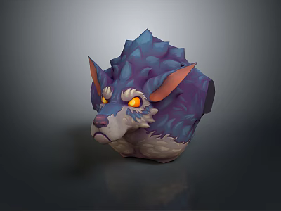 Mythical Fantasy Creature Wolf Head With Spiked Blue Purple Fur And Glowing Yellow Eyes 3d model