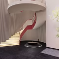 Modern Spiral Staircase With Red Handrail Illuminated Steps And Green Plant