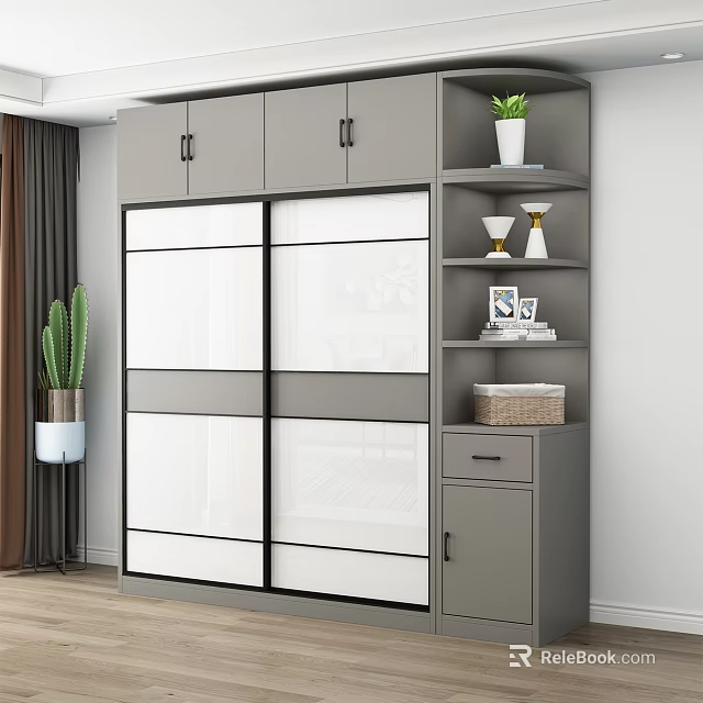Modern Gray Wardrobe With Sliding Doors And Shelves Featuring Potted Plant Photo Frame And Basket 3d model 