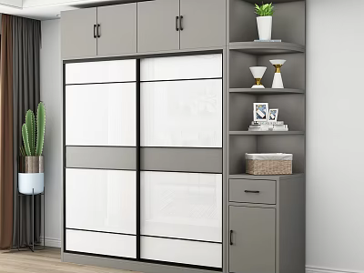 Modern Gray Wardrobe With Sliding Doors And Shelves Featuring Potted Plant Photo Frame And Basket 3d model
