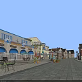 Charming Commercial Street With Stone Pavement Blue Awnings Outdoor Tables Chairs And Street Lamps