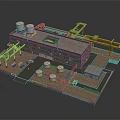 Cartoon Industrial Scene with Factory Building Two White Water Towers Yellow Crane and Round Storage Tanks