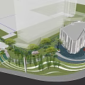 Modern Garden Landscape with Curved White Building Black Sculptures Trees and Stone Paths