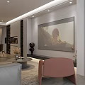 Modern Dining and Living Room Interior With White Cabinets Display Shelves And Decorative Painting
