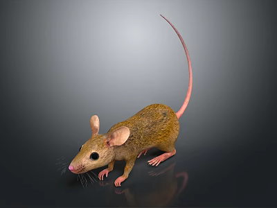 Realistic Brown Mouse With Long Tail And Pink Ears Standing On Dark Smooth Surface 3d model