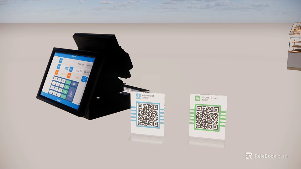 Modern Commercial Equipment Featuring Touchscreen Cash Register And QR Code Payment Tools 3d model