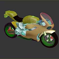 Yellow Motorcycle With Green Wheels Brown Seat Transparent Windshield And Decorative Graphics