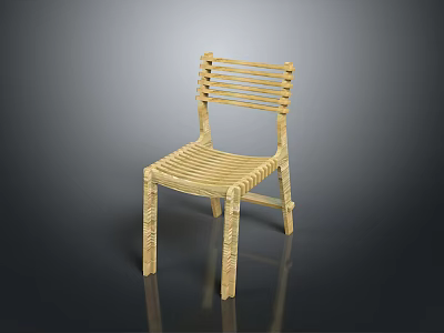 Natural Wooden Dining Chair With Striped Backrest And Simple Seat Design 3d model