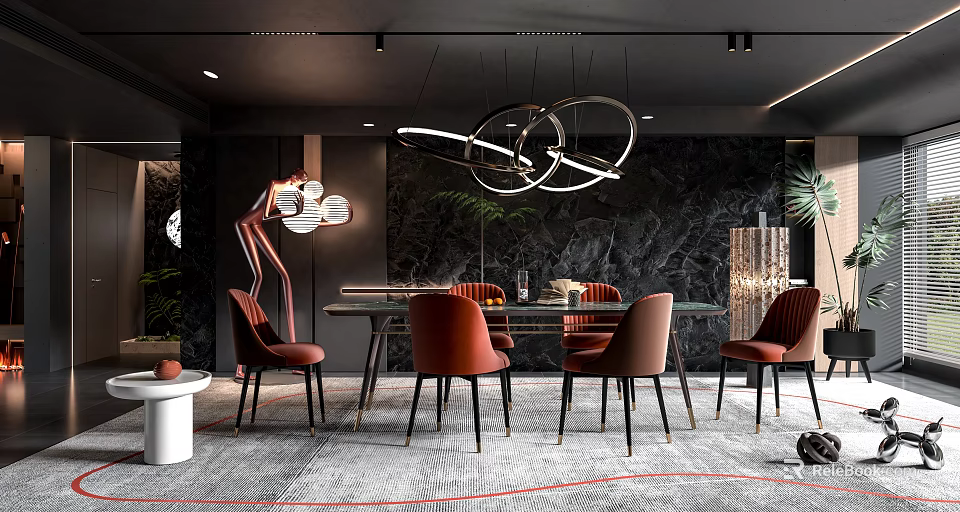 Luxurious Restaurant Interior With Circular Pendant Lights Red Chairs And Marble Wall 3d model 