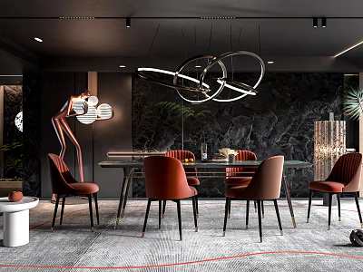 Luxurious Restaurant Interior With Circular Pendant Lights Red Chairs And Marble Wall 3d model