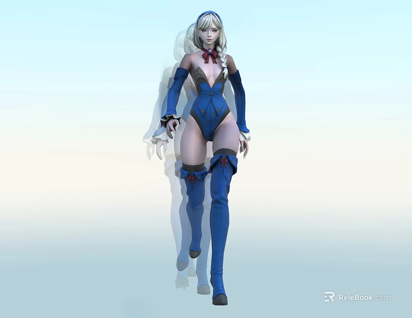 Futuristic Woman In Blue Tight Bodysuit With Silver White Hair And Knee High Boots 3d model 