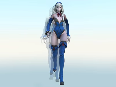 Futuristic Woman In Blue Tight Bodysuit With Silver White Hair And Knee High Boots 3d model