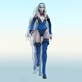 Futuristic Woman In Blue Tight Bodysuit With Silver White Hair And Knee High Boots