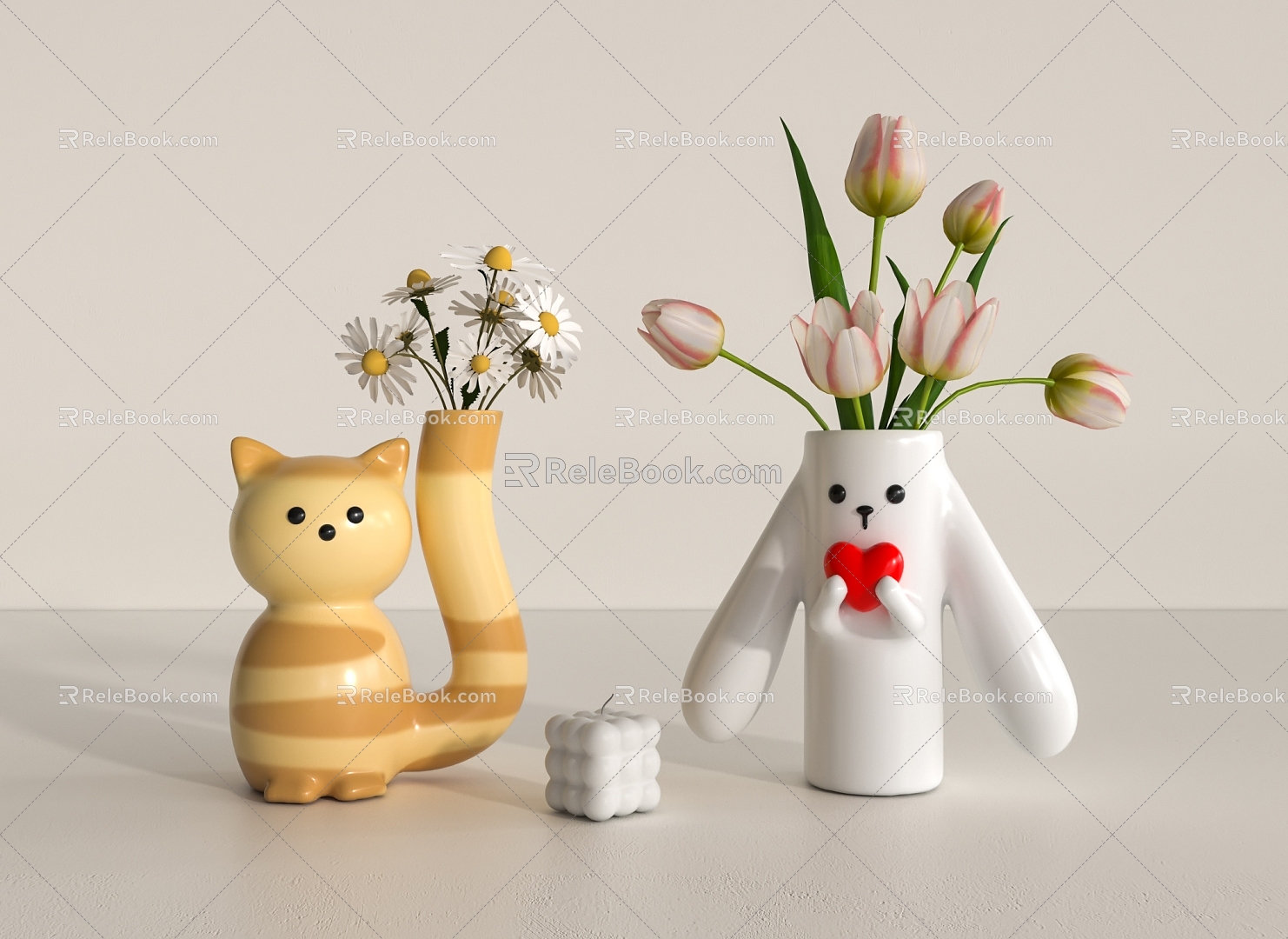 Cartoon Animal Vase Cat Rabbit 3d model