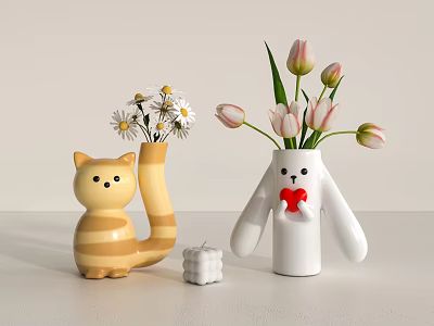 Adorable Cat And Rabbit Shaped Vase Flowers With Daisies Tulips And Red Heart Detail 3d model
