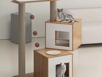 Wooden Cat Tree Scratching Post Condo With Toy Balls Feeding Dish And Resting Cats 3d model