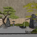 Courtyard garden sketch modern waterscape sketch landscape stone black flowing water stone bowl red maple stone lamp Luo Han pine 3d model