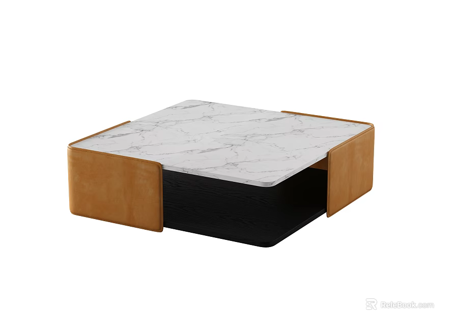 Modern Coffee Table With White Marble Top Brown Frame And Black Base 3d model