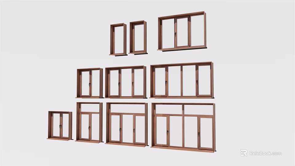 Various Wooden Window Frames In Different Sizes And Design Styles 3d model